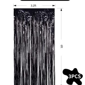 3Pcs Black Metallic Tinsel Foil Fringe Curtains, 3.28ft x 6.56ft Black Photo Booth Backdrop Streamer Curtain,Photo Booth Props,Ideal Bachelorette Party,Birthday, Halloween,Christmas, New Year Decor