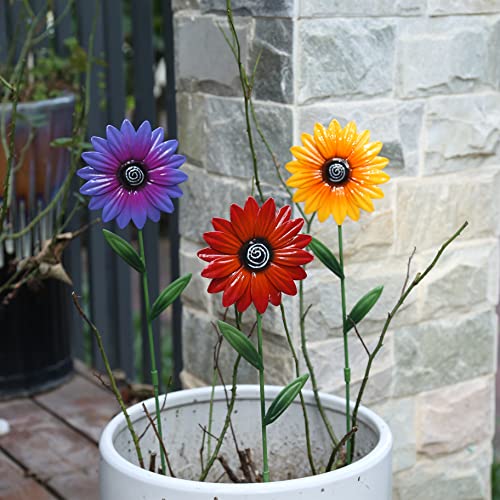 3PC Metal Flower Decorative Garden Stakes, Outdoor Garden Decor Shaking Head Sunflowers Glow in Spring Yard Art Fairy Decorations for Patio Lawn