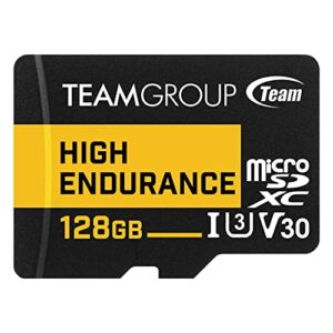teamgroup high endurance 128gb micro sdxc uhs-i u3 v30 4k 100mb/s(designed for monitoring) stable durable long lasting flash memory card for security camera,4k&full hd video recording thusdx128giv3002