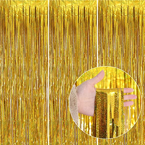 3 Pack Gold Backdrop Curtain 3.2 Ft X 8.2 Ft Gold Foil Fringe Tinsel Curtains Backdrop for Parties Gold Streamers Backdrop for Parties Birthday Bachelorette Party Decoration