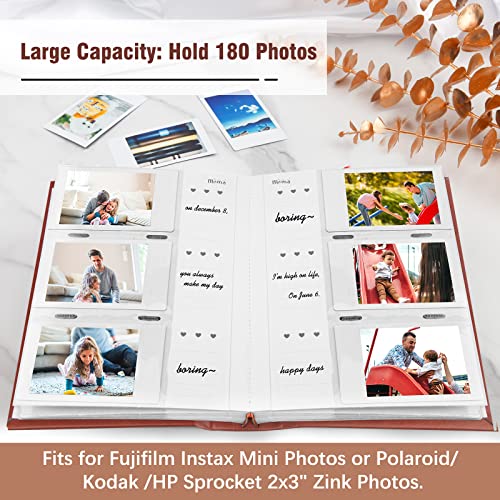 Photo Album for Fujifilm Instax Mini Camera, Polaroid Camera, Instax Photo Album with Memo Areas, 180 Pockets 2x3 Photo Album with Writing Space for Instax Mini 12 11 40 9 7+ Evo Liplay Camera, Brown