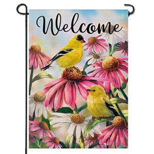 artofy welcome summer american goldfinch birds home decorative garden flag, yard echinacea daisy flower outside decor, spring outdoor small burlap decoration double sided 12×18
