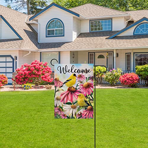 Artofy Welcome Summer American Goldfinch Birds Home Decorative Garden Flag, Yard Echinacea Daisy Flower Outside Decor, Spring Outdoor Small Burlap Decoration Double Sided 12x18