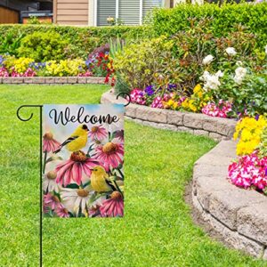 Artofy Welcome Summer American Goldfinch Birds Home Decorative Garden Flag, Yard Echinacea Daisy Flower Outside Decor, Spring Outdoor Small Burlap Decoration Double Sided 12x18