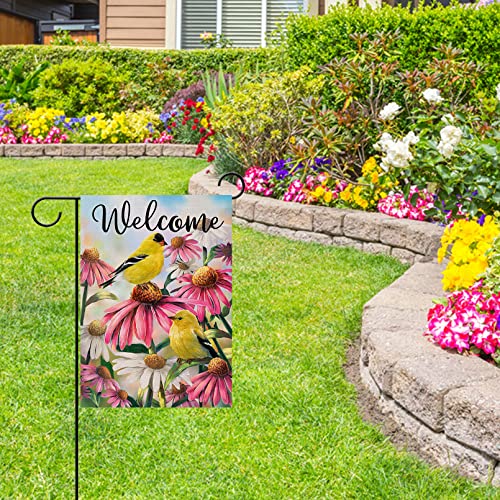 Artofy Welcome Summer American Goldfinch Birds Home Decorative Garden Flag, Yard Echinacea Daisy Flower Outside Decor, Spring Outdoor Small Burlap Decoration Double Sided 12x18