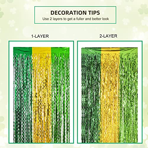 LOLStar 2 Pack St. Patrick's Day Foil Fringe Curtains St Patrick's Day Party Decoration 3.3 X 6.6 ft Green Gold Light Green Wavy Tinsel Fringe Curtain Photo Booth, Streamer Backdrop Irish Theme Decor