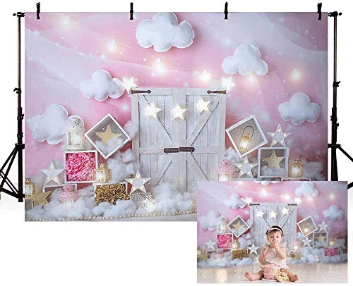 MEHOFOND Sweet Pink and White Cloud Photo Studio Backdrop Props Birthday Girl Baby Shower Party Decorations Twinkle Twinkle Little Stars Portrait Photography Background Banner for Cake Smash 7x5ft