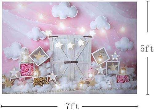 MEHOFOND Sweet Pink and White Cloud Photo Studio Backdrop Props Birthday Girl Baby Shower Party Decorations Twinkle Twinkle Little Stars Portrait Photography Background Banner for Cake Smash 7x5ft