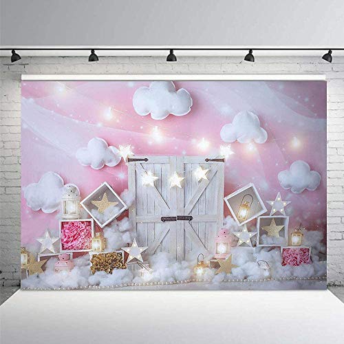 MEHOFOND Sweet Pink and White Cloud Photo Studio Backdrop Props Birthday Girl Baby Shower Party Decorations Twinkle Twinkle Little Stars Portrait Photography Background Banner for Cake Smash 7x5ft