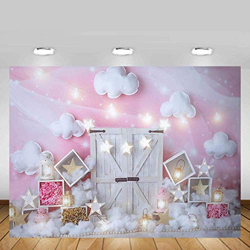 MEHOFOND Sweet Pink and White Cloud Photo Studio Backdrop Props Birthday Girl Baby Shower Party Decorations Twinkle Twinkle Little Stars Portrait Photography Background Banner for Cake Smash 7x5ft