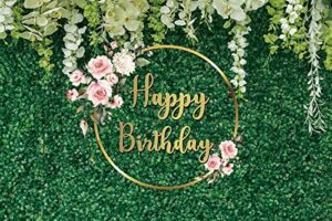 greenery happy birthday backdrop for women girls flower green grass backdrop wall for party birthday background photography for photoshoot banner decoration 7x5ft