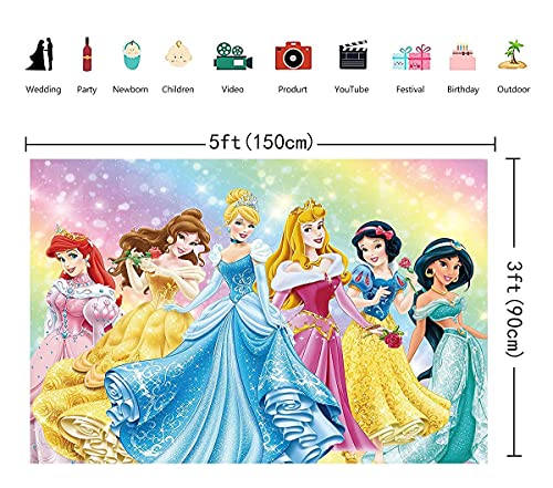 GCH Colorful Princess Backdrop Baby Shower Backdrop Birthday Photography Background Princess Birthday Party Supplies Table Decoration Banner Customized Backdrops (5x3ft)