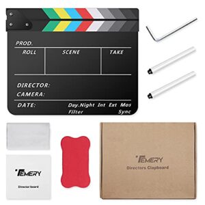 Temery Acrylic Film Clapper Board -12 x 10in Plastic Movie Film Clap Board, Movie Theater Decor Clapboard with a Magnetic Blackboard Eraser, Two Custom Pens, Cleaning Cloth and Hexagonal Wrench