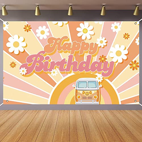 Groovy Retro Hippie Boho Girl Happy Birthday Party Backdrop Daisy Flower Groovy Sign Photography Background Wall Decor Hippie Themed Birthday Party Decoration Supplies for Boho Birthday Party