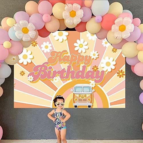 Groovy Retro Hippie Boho Girl Happy Birthday Party Backdrop Daisy Flower Groovy Sign Photography Background Wall Decor Hippie Themed Birthday Party Decoration Supplies for Boho Birthday Party