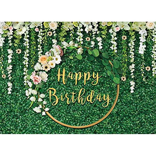 Maijoeyy 7x5ft Green Happy Birthday Backdrop Green Grass Birthday Backdrop for Women Green Leaves White Flower Birthday Backdrops for Party Birthday Decorations