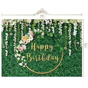 Maijoeyy 7x5ft Green Happy Birthday Backdrop Green Grass Birthday Backdrop for Women Green Leaves White Flower Birthday Backdrops for Party Birthday Decorations