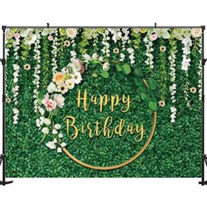 Maijoeyy 7x5ft Green Happy Birthday Backdrop Green Grass Birthday Backdrop for Women Green Leaves White Flower Birthday Backdrops for Party Birthday Decorations