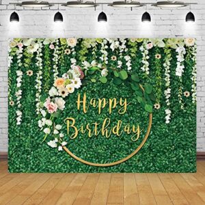 Maijoeyy 7x5ft Green Happy Birthday Backdrop Green Grass Birthday Backdrop for Women Green Leaves White Flower Birthday Backdrops for Party Birthday Decorations