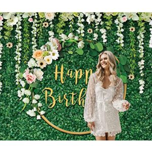 Maijoeyy 7x5ft Green Happy Birthday Backdrop Green Grass Birthday Backdrop for Women Green Leaves White Flower Birthday Backdrops for Party Birthday Decorations