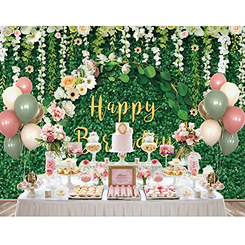 Maijoeyy 7x5ft Green Happy Birthday Backdrop Green Grass Birthday Backdrop for Women Green Leaves White Flower Birthday Backdrops for Party Birthday Decorations