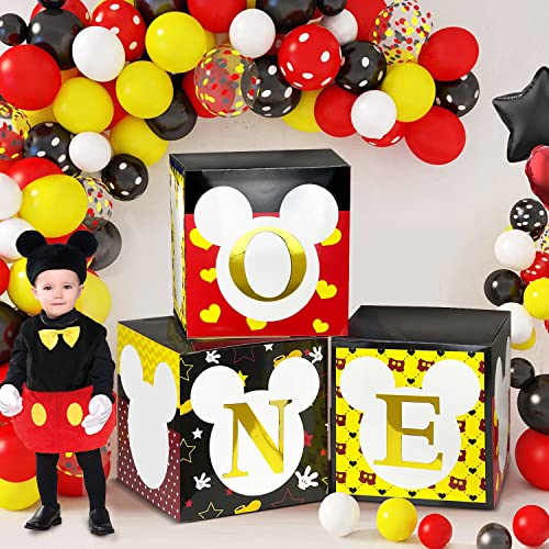 Cracoo Micky 1st Birthday Party Supplies Decorations- 3 Black Yellow Mouse Blocks with ONE Letter Party Decorations, Baby Shower Party Favor for Boys Girls Kids Babies(Balloons NOT Include)