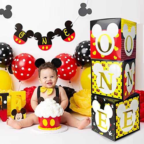 Cracoo Micky 1st Birthday Party Supplies Decorations- 3 Black Yellow Mouse Blocks with ONE Letter Party Decorations, Baby Shower Party Favor for Boys Girls Kids Babies(Balloons NOT Include)