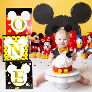 Cracoo Micky 1st Birthday Party Supplies Decorations- 3 Black Yellow Mouse Blocks with ONE Letter Party Decorations, Baby Shower Party Favor for Boys Girls Kids Babies(Balloons NOT Include)