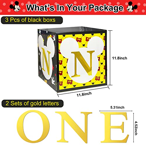 Cracoo Micky 1st Birthday Party Supplies Decorations- 3 Black Yellow Mouse Blocks with ONE Letter Party Decorations, Baby Shower Party Favor for Boys Girls Kids Babies(Balloons NOT Include)