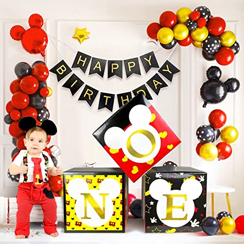 Cracoo Micky 1st Birthday Party Supplies Decorations- 3 Black Yellow Mouse Blocks with ONE Letter Party Decorations, Baby Shower Party Favor for Boys Girls Kids Babies(Balloons NOT Include)