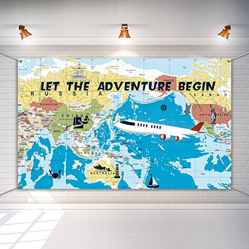 Adventure Awaits Backdrop Large Travel Theme Banner Decoration Let The Adventure Begin World Map Dessert Table Background Photobooth Prop 6 x 3.6 Feet