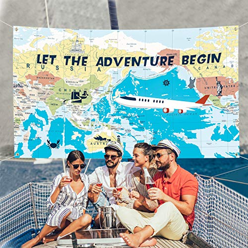 Adventure Awaits Backdrop Large Travel Theme Banner Decoration Let The Adventure Begin World Map Dessert Table Background Photobooth Prop 6 x 3.6 Feet