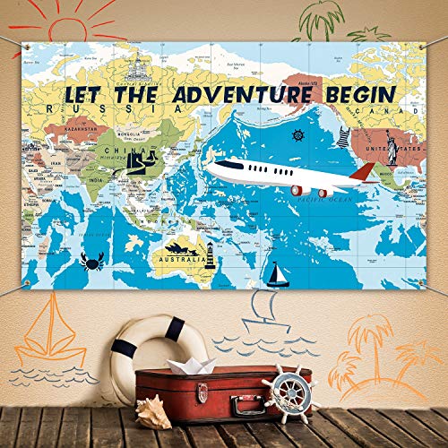 Adventure Awaits Backdrop Large Travel Theme Banner Decoration Let The Adventure Begin World Map Dessert Table Background Photobooth Prop 6 x 3.6 Feet