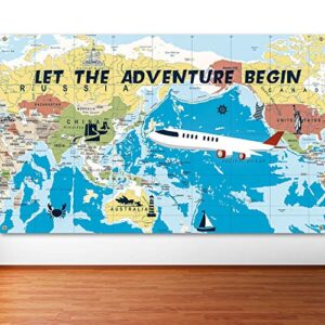 Adventure Awaits Backdrop Large Travel Theme Banner Decoration Let The Adventure Begin World Map Dessert Table Background Photobooth Prop 6 x 3.6 Feet