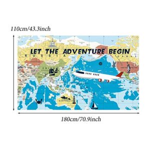 Adventure Awaits Backdrop Large Travel Theme Banner Decoration Let The Adventure Begin World Map Dessert Table Background Photobooth Prop 6 x 3.6 Feet