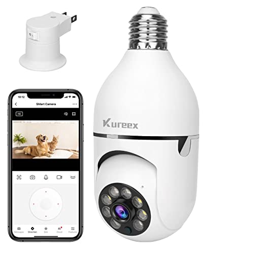 Kureex Light Bulb Camera, 3.0MP Wireless 2.4 GHz WiFi Security Camera, Tuya App, 360° PTZ Night Vision, Human Motion Detection & Alarm