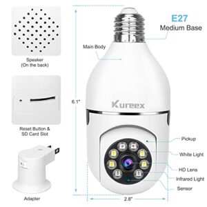 Kureex Light Bulb Camera, 3.0MP Wireless 2.4 GHz WiFi Security Camera, Tuya App, 360° PTZ Night Vision, Human Motion Detection & Alarm