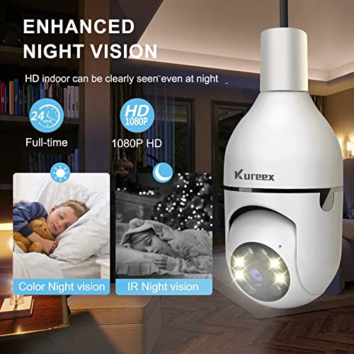 Kureex Light Bulb Camera, 3.0MP Wireless 2.4 GHz WiFi Security Camera, Tuya App, 360° PTZ Night Vision, Human Motion Detection & Alarm