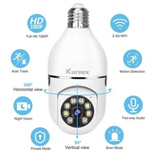 Kureex Light Bulb Camera, 3.0MP Wireless 2.4 GHz WiFi Security Camera, Tuya App, 360° PTZ Night Vision, Human Motion Detection & Alarm