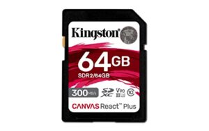 kingston canvas react plus 64gb sd card | sdxc uhs-ii | 300r/260w u3 v90 | full hd/4k/8k | sdr2/64gb