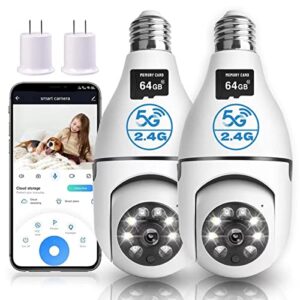 2pcs light bulb camera, 1080p security camera home wireless 5ghz＆2.4ghz wifi motion auto tracking 360 degree smart surveillance camera with motion detection alarm night vision (included 64g sd card)