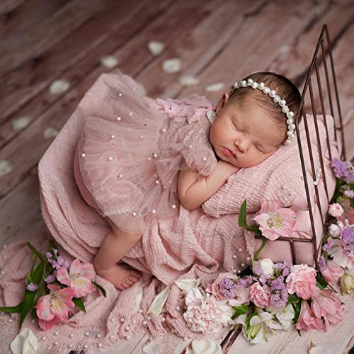 Pink Lace Newborn Photography Outfits Girl Newborn Photography Props Pearl Lace Rompers Newborn Girl Lace Romper Photoshoot Outfits Baby Photo Props (Short Sleeve, Pink, 0-2Months)