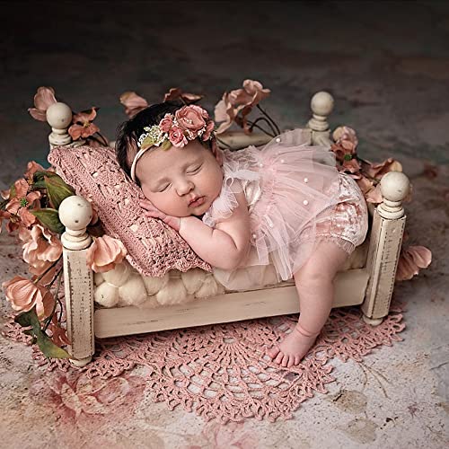 Pink Lace Newborn Photography Outfits Girl Newborn Photography Props Pearl Lace Rompers Newborn Girl Lace Romper Photoshoot Outfits Baby Photo Props (Short Sleeve, Pink, 0-2Months)