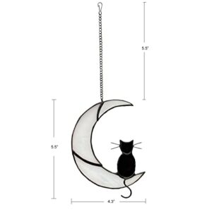 Black Cat Decor On White Moon Stained Glass Window Hanging Suncatcher for Windows Panels Sun Catcher Halloween Ornament Decoration Memorial Gift Cat for Lover Cat Loss