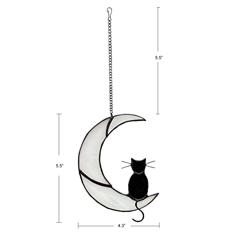 Black Cat Decor On White Moon Stained Glass Window Hanging Suncatcher for Windows Panels Sun Catcher Halloween Ornament Decoration Memorial Gift Cat for Lover Cat Loss