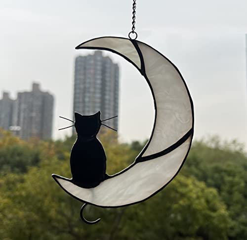 Black Cat Decor On White Moon Stained Glass Window Hanging Suncatcher for Windows Panels Sun Catcher Halloween Ornament Decoration Memorial Gift Cat for Lover Cat Loss