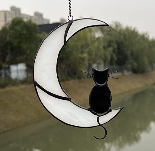 Black Cat Decor On White Moon Stained Glass Window Hanging Suncatcher for Windows Panels Sun Catcher Halloween Ornament Decoration Memorial Gift Cat for Lover Cat Loss