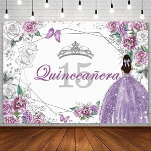 sendy 7x5ft quinceanera 15th birthday backdrop for sweet girl mis quince anos 15th party decorations purple silver glitter floral crown butterfly banner photography background cake table prop