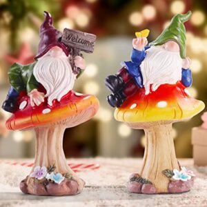 Free Yoka Funny Gnomes Garden Decor, Outdoor Patio Sculptures Statues Ornaments Welcome Sign for Yard Lawn Miniature Mushroom Accessories Figurine Home Decorations Set of 2