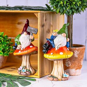 free yoka funny gnomes garden decor, outdoor patio sculptures statues ornaments welcome sign for yard lawn miniature mushroom accessories figurine home decorations set of 2